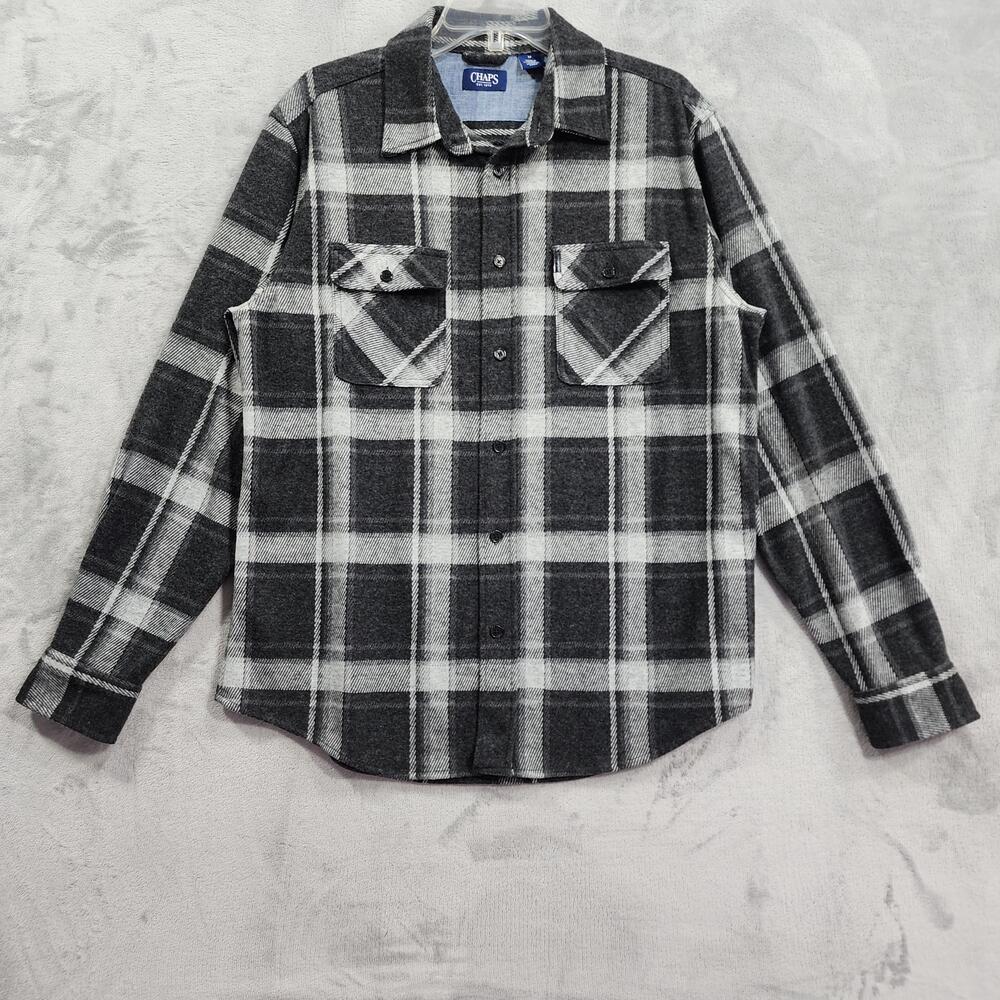 Chaps Shirt Mens M Gray Plaid Fleece Flannel Shacket Jacket Long Sleeve Casual
